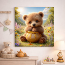 Babybeer knuffelt met een honingpot