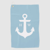 Babyblauw en wit anker monogram golfhanddoek (Voorkant)