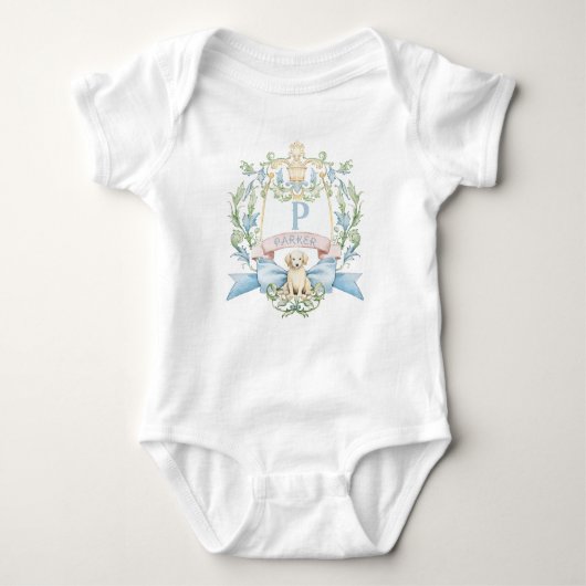 Babyblauw lint Puppy Baby Monogram Wapen Romper (Voorkant)