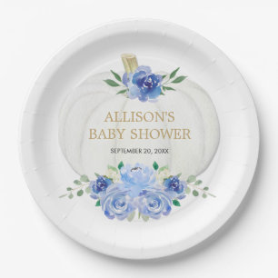 Babyblauw, witte floranje, witte pompoen papieren bordje