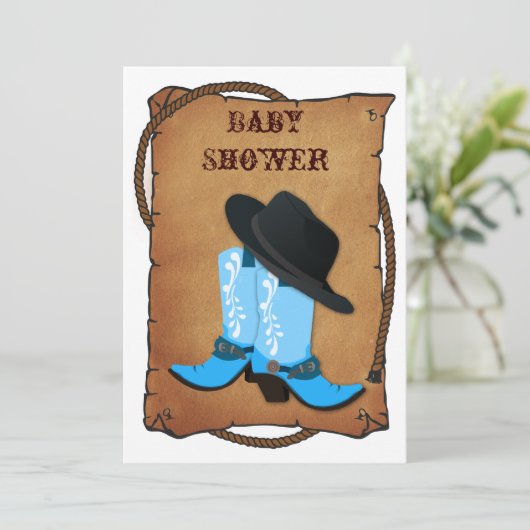 babyblauwe cowboylaarzen western baby shower kaart (Staand voorkant)