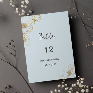 Babyblauwe gouden glitters pioenroos bloemige tafe kaart