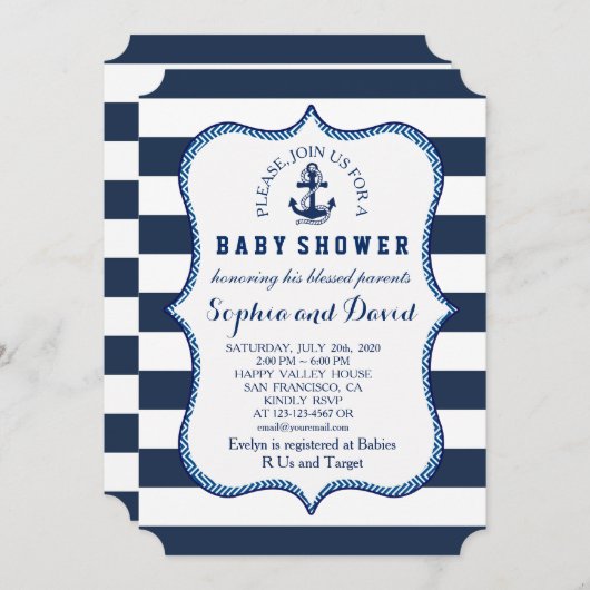 Babyborrel met marine-blauwe strepen en nautisch t kaart (Voorkant / Achterkant)