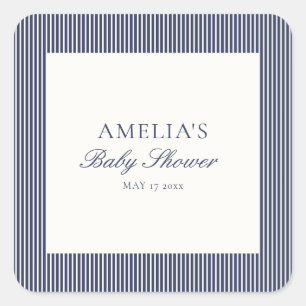 Babyboyshower met marineblauwe tikkende streep vierkante sticker
