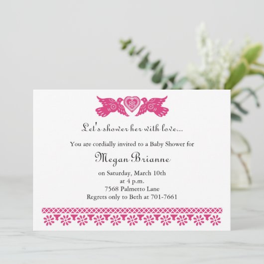 Babyfeest Roze Liefdesvogels Banner Uitnodiging (Staand voorkant)