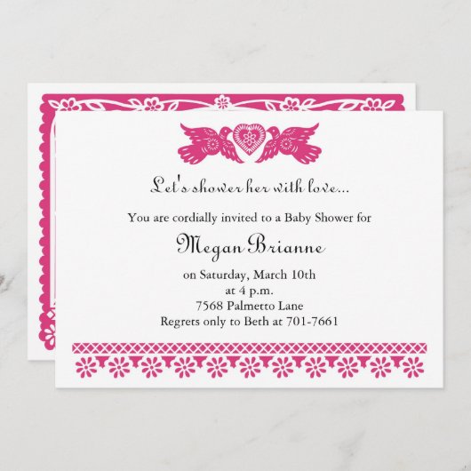 Babyfeest Roze Liefdesvogels Banner Uitnodiging (Voorkant / Achterkant)