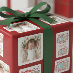 Babyfoto Eerste Kerstmis Rood Aanpassen Vierkante Sticker