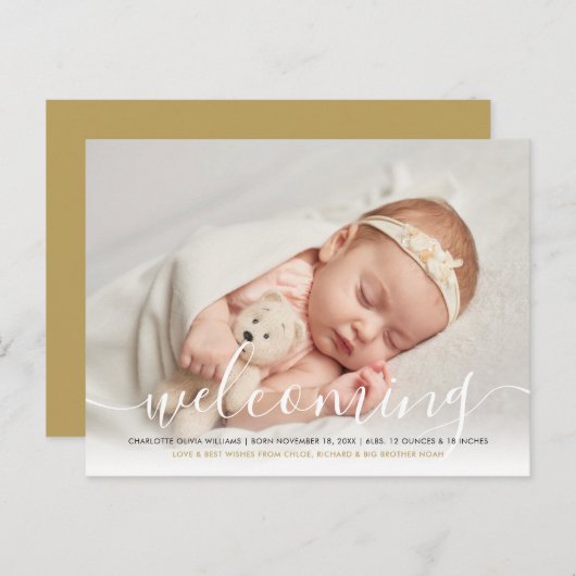 Babyfoto Elegante Script Welkom Goud Geboorte Aankondigingskaart (Voorkant / Achterkant)