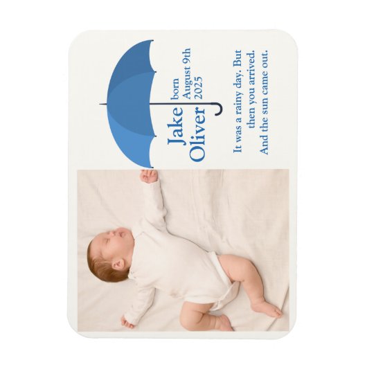 Babyfoto met naam en datum onder blauwe paraplu  magneet (Verticaal)