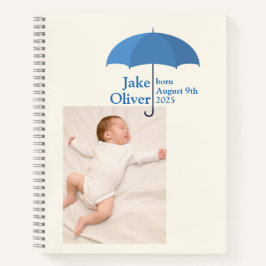 Babyfoto, naam, datum, blauwe paraplu notitieboek