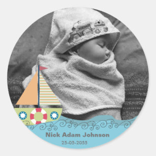 Babyjongens Naam en foto-etiket ticker Ronde Sticker