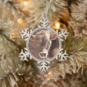 Babykoe - Bruin babykalf Close-up gezicht Tin Sneeuwvlok Ornament