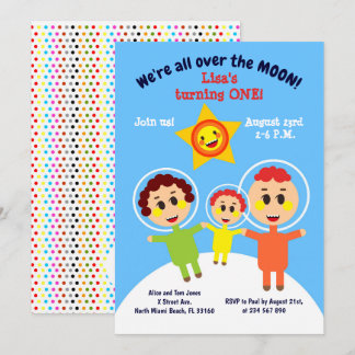 Babymeisje eerste verjaardag astronautenfeest invi kaart