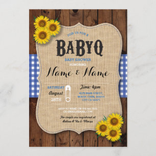 BaByQ BBQ Baby shower Blauwe Zonnebloem Uitnodigen Kaart