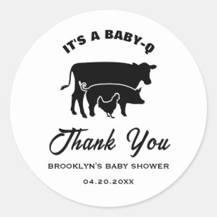 BabyQ BBQ Baby shower Koe Varken Kip Zwart Wit Ronde Sticker