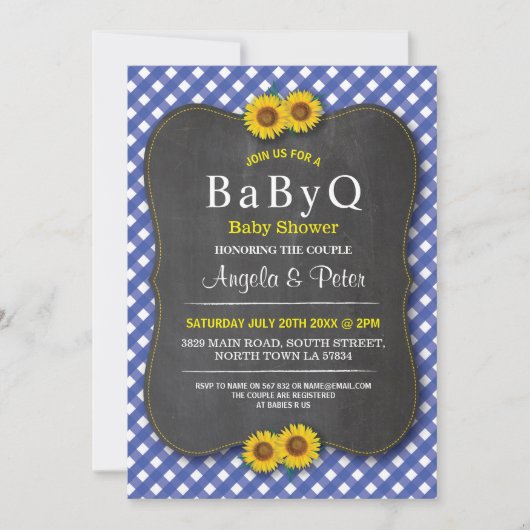 BABYQ Zonnebloem Baby shower BBQ Paar Blauw Uitnod Kaart (Voorkant)