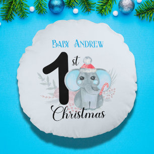 Baby's 1e Kerst Schattige Blauwe Olifant Keepsake Rond Kussen