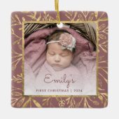 Baby's 1e Kerstfoto Goud Bladerdek Stoffig Roos Keramisch Ornament (Voorkant)