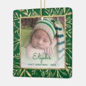 Baby's 1e Kerstfoto Groen Goud Blad Keramisch Ornament (Links)