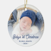 Baby's 1e Kerstfoto Navy Blue Retro Script Keramisch Ornament (Links)