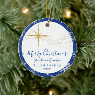Babys 1e kerstgrootouders Blue Gold Foto Keramisch Ornament