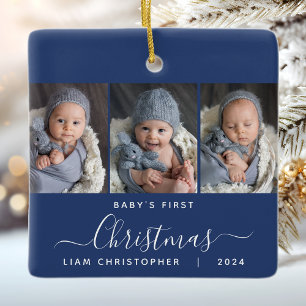 Baby's 1e Kerstmis Marine Blauw 3 Photo Script Keramisch Ornament