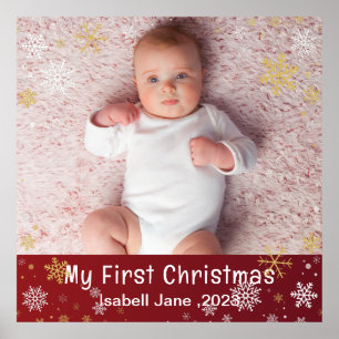 Baby's 1e Kerstmis Moderne Foto Witte Sneeuwvlokke Poster