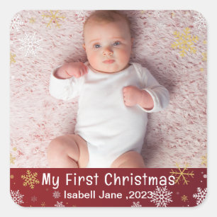 Baby's 1e Kerstmis Moderne Foto Witte Sneeuwvlokke Vierkante Sticker