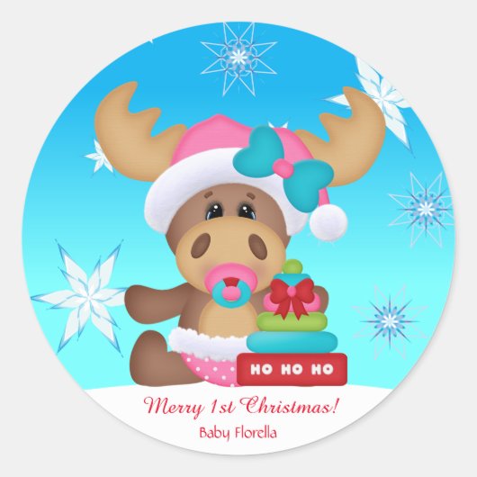 Baby's 1e Kerstmis Moose Schattige Funny Ronde Sticker (Voorkant)