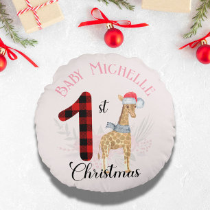 Baby's 1e Kerstmis Muts Cute Giraffe Kerstman Naam Rond Kussen