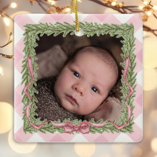 Baby's 1e Kerstmis roze gingham foto Keramisch Ornament