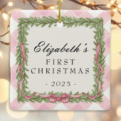 Baby's 1e Kerstmis roze gingham foto Keramisch Ornament