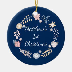 Baby's 1e Kerstvakantie Blue Botanical Keramisch Ornament