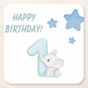 Baby's 1e Verjaardag Schattige Blue Baby Elephant Vierkante Kartonnen Onderzetter