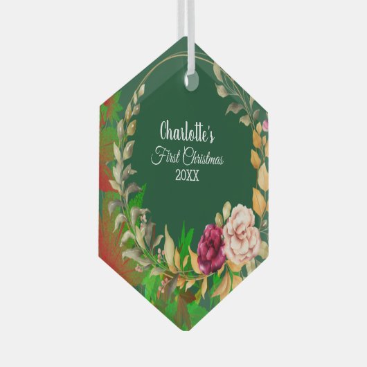 Babys 1st Kerstmis Waterverf Floral Wreatgreen Glas Ornament (Voorkant Rechts)