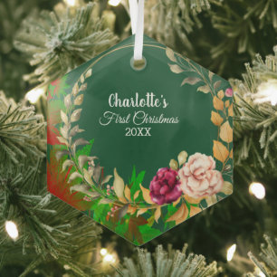 Babys 1st Kerstmis Waterverf Floral Wreatgreen Glas Ornament