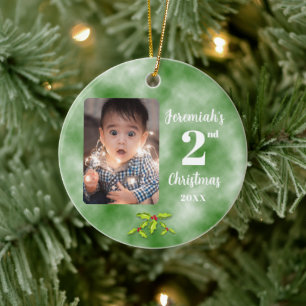 Baby's 2e kerst één foto rond groen keramisch ornament