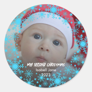 Baby's 2e Kerstmis Blauwe Sneeuwvlok Ronde Sticker