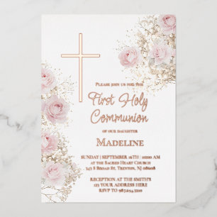 baby's adem en roze rozen Eerste Communie Folie Uitnodiging