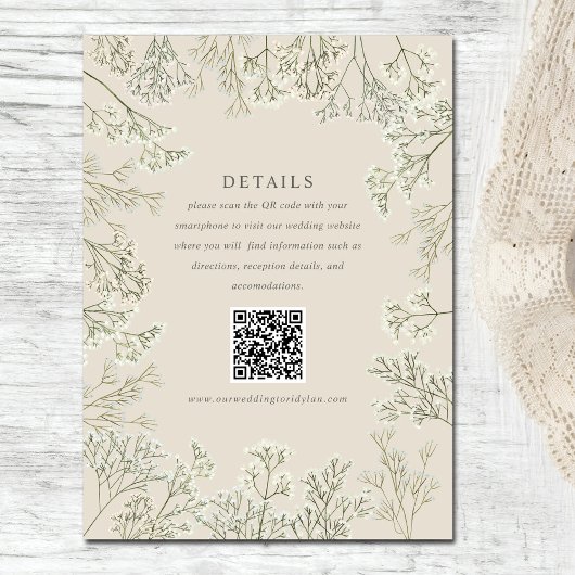 Baby's Breath Beige Bruiloft Details QR Code Informatiekaartje