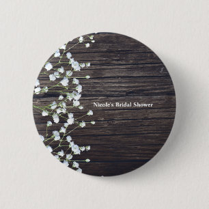 Baby's Breath Bloemen & Donker Rustiek Hout Ronde Button 5,7 Cm