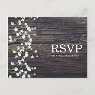 Baby's Breath Bloemen & Donker Rustiek Hout RSVP Uitnodiging Briefkaart