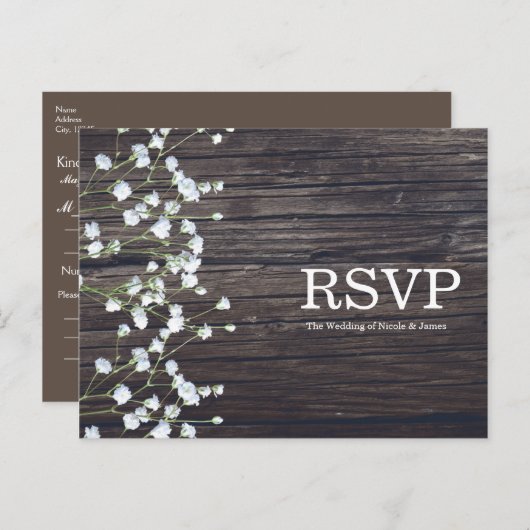 Baby's Breath Bloemen & Donker Rustiek Hout RSVP Uitnodiging Briefkaart (Voorkant / Achterkant)