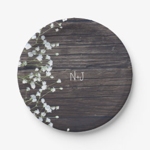 Baby's Breath Bloemen & Donker Rustieke Houten Bru Papieren Bordje