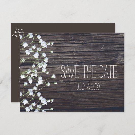 Baby's Breath Bloemen & Donker Rustieke Houten Sav Aankondigingskaart (Voorkant / Achterkant)