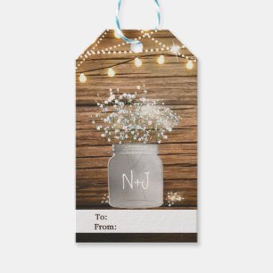 Baby's Breath bloemen in een rustieke metselwerelp Cadeaulabel