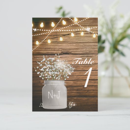 Baby's Breath Bloemstuk Rustieke Mason Jar Tafelnu Kaart (Staand voorkant)