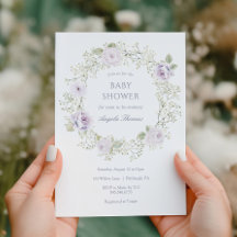 Baby's Breath en Paarse Rozen Baby Shower Uitnodig