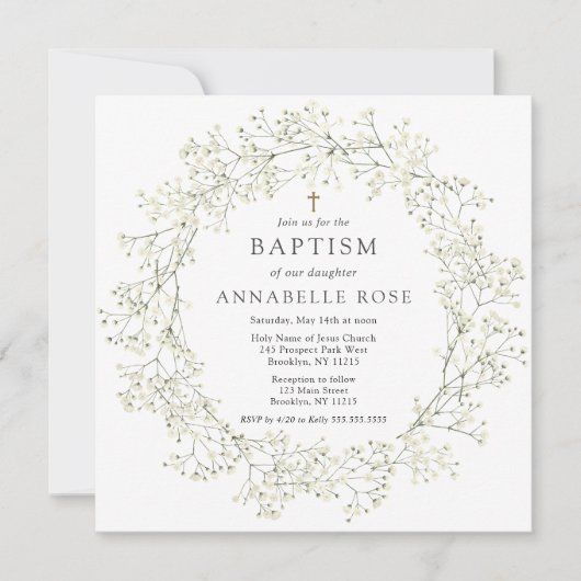 Baby's Breath Flowers Baptism Invitation Kaart (Voorkant)