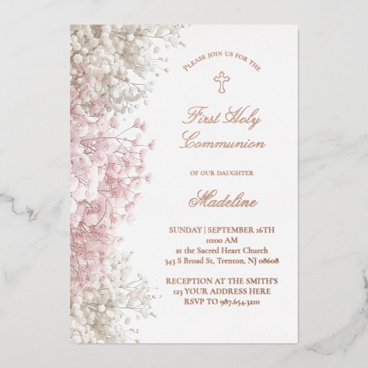 Baby's Breath flowers First Communion Folie Uitnodiging (Voorkant)